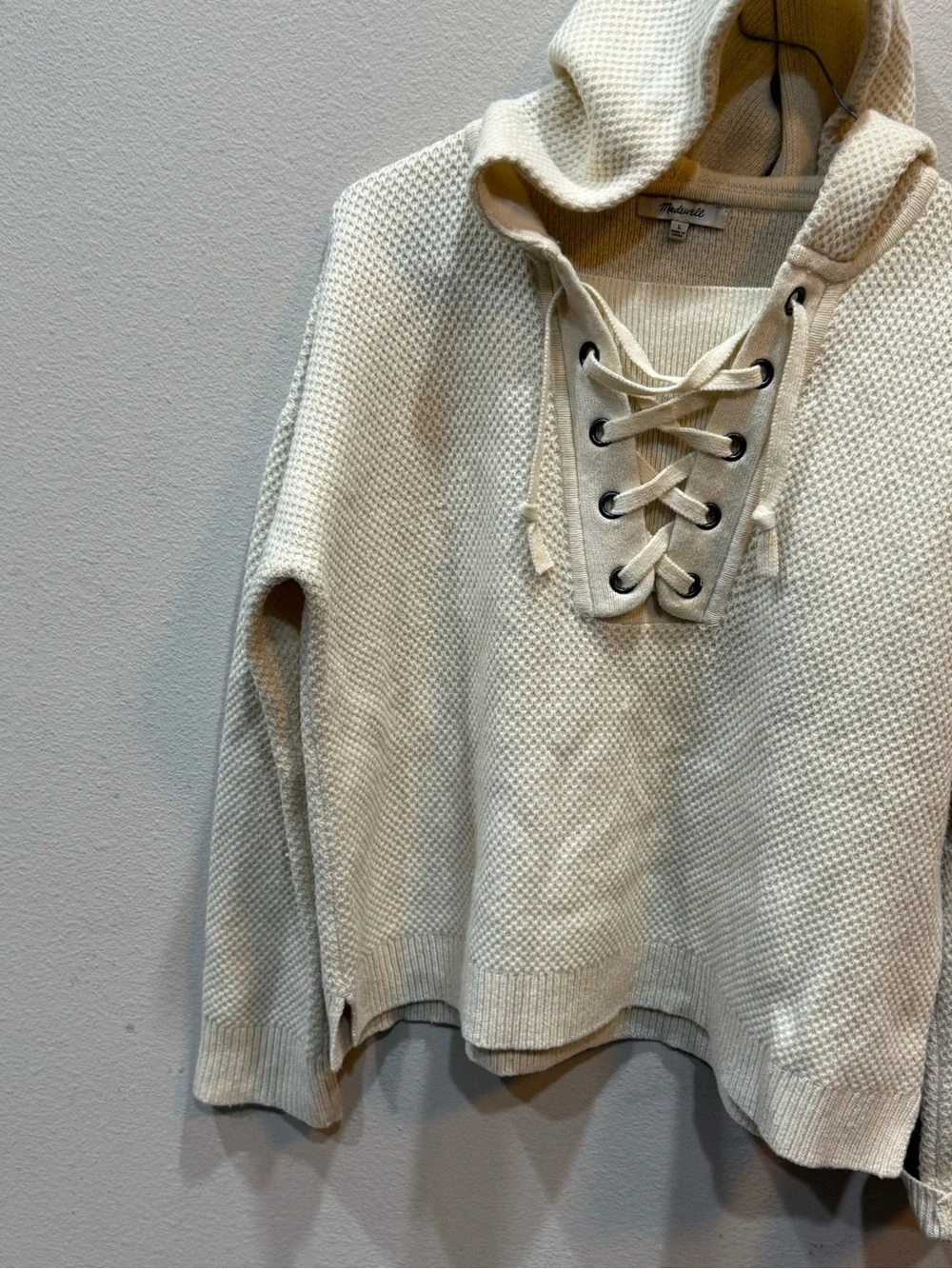 Madewell Jameson 100% Merino Wool Lace Up Waffle Knit Sweater Hoodie Cream - Picture 4 of 9